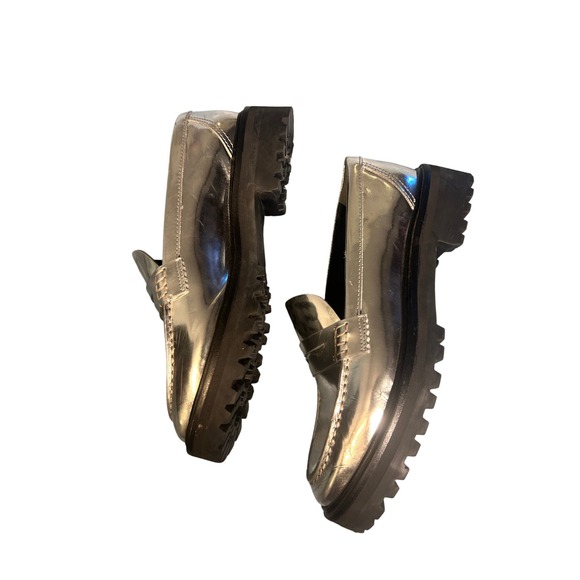 Reformation Silver Metallic Leather Lug Sole Penny Loafers Womens Size 8